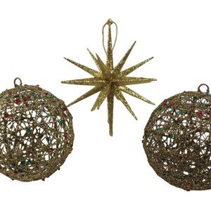 Vintage Gold Glitter Christmas Ornament Lot of 3 Star Ball Red Green Holiday